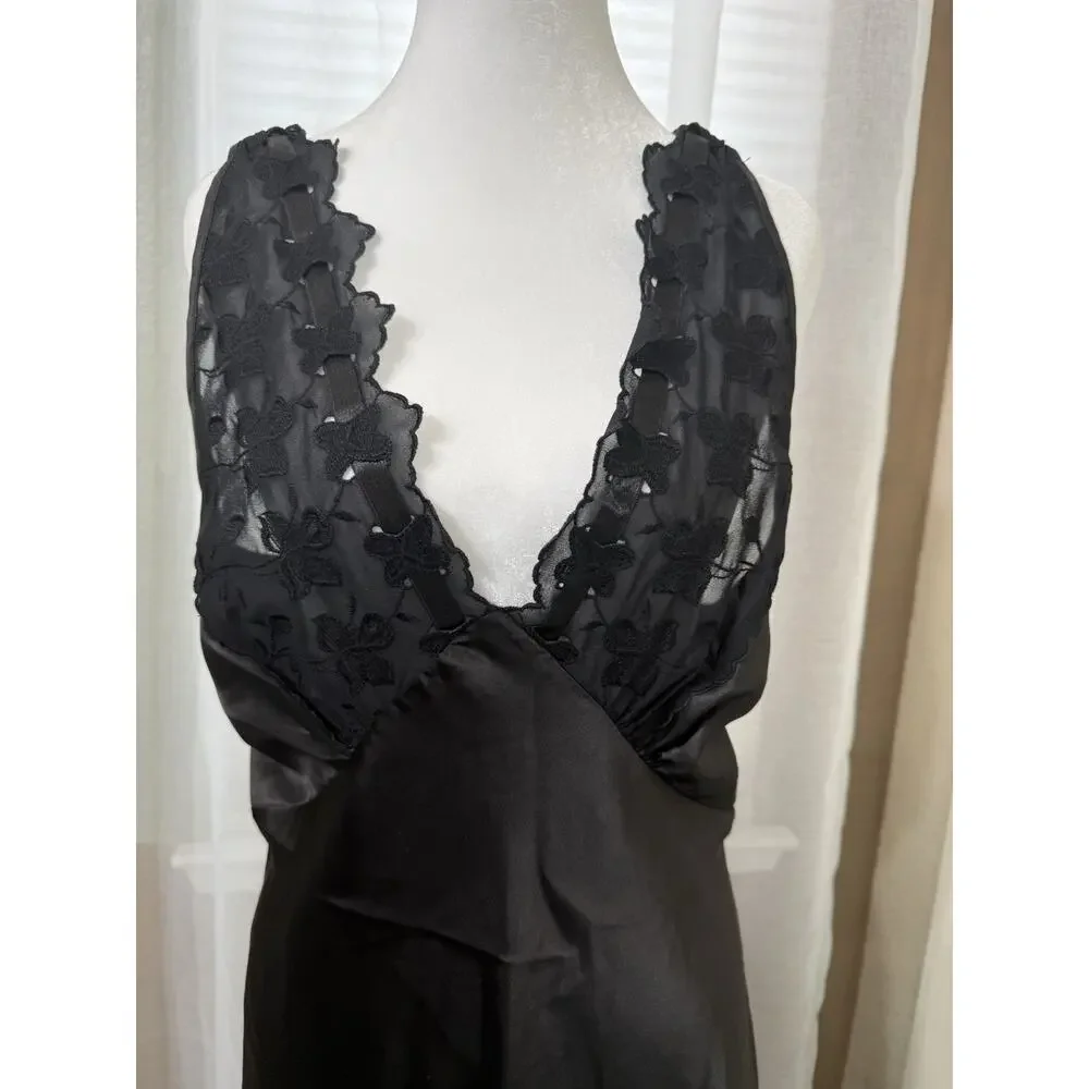 VTG Intimo Amore Black Lace Slip Dress Large Satin Open Back Strappy Romantic